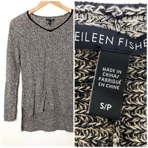 Eileen Fisher Marled Knit Black White Trim Split Hem Sweater